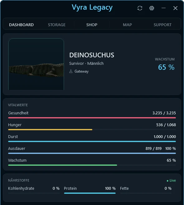 Nexis Overlay im Spiel: Dashboard mit Vitalwerten, Nährstoffen, Prime-Fortschritt und Mutationen eines Deinosuchus
