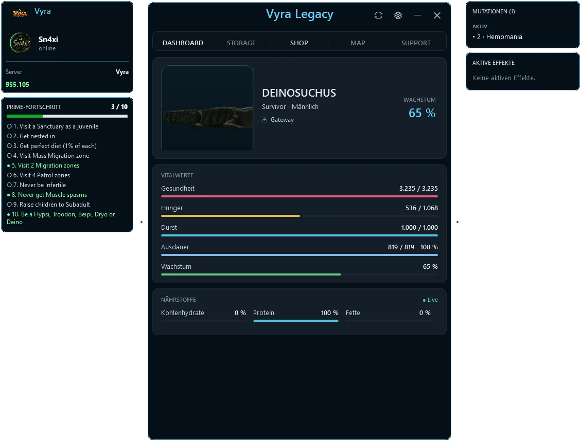 Nexis Overlay im Spiel: Dashboard mit Vitalwerten, Nährstoffen, Prime-Fortschritt und Mutationen eines Deinosuchus