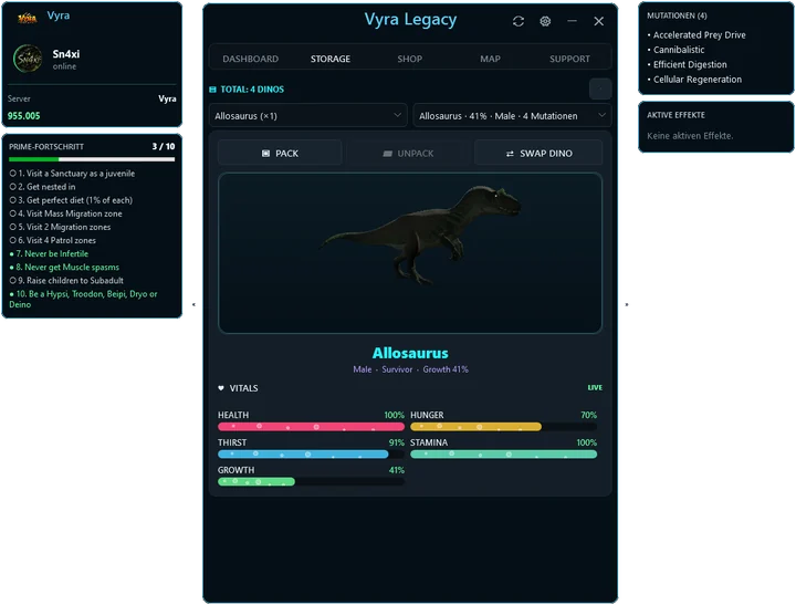 Vyra Overlay: Garage mit gespeichertem Allosaurus und 3D-Modell