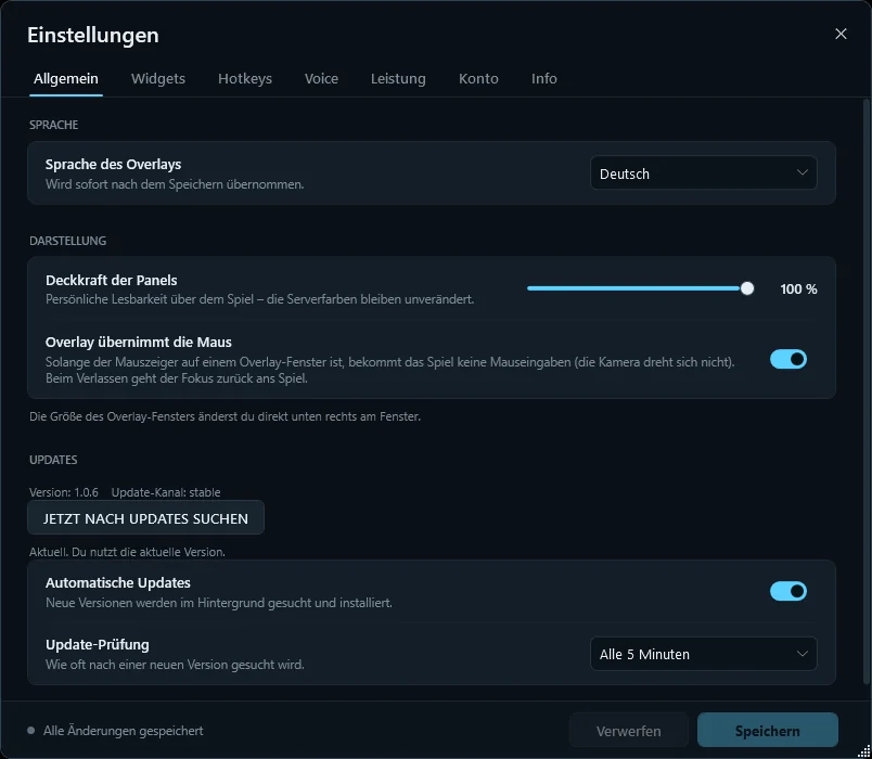 Nexis Einstellungen: Sprache, Deckkraft der Panels und automatische Updates