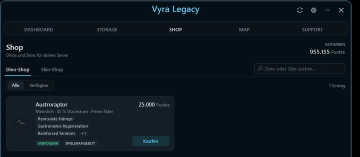 Vyra Overlay: Shop mit Dino-Angebot und Guthaben