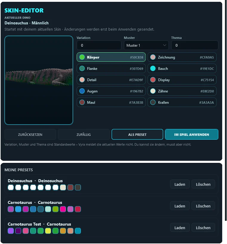 Nexis Skin-Editor: Farbregionen eines Deinosuchus mit Vorschau und gespeicherten Presets